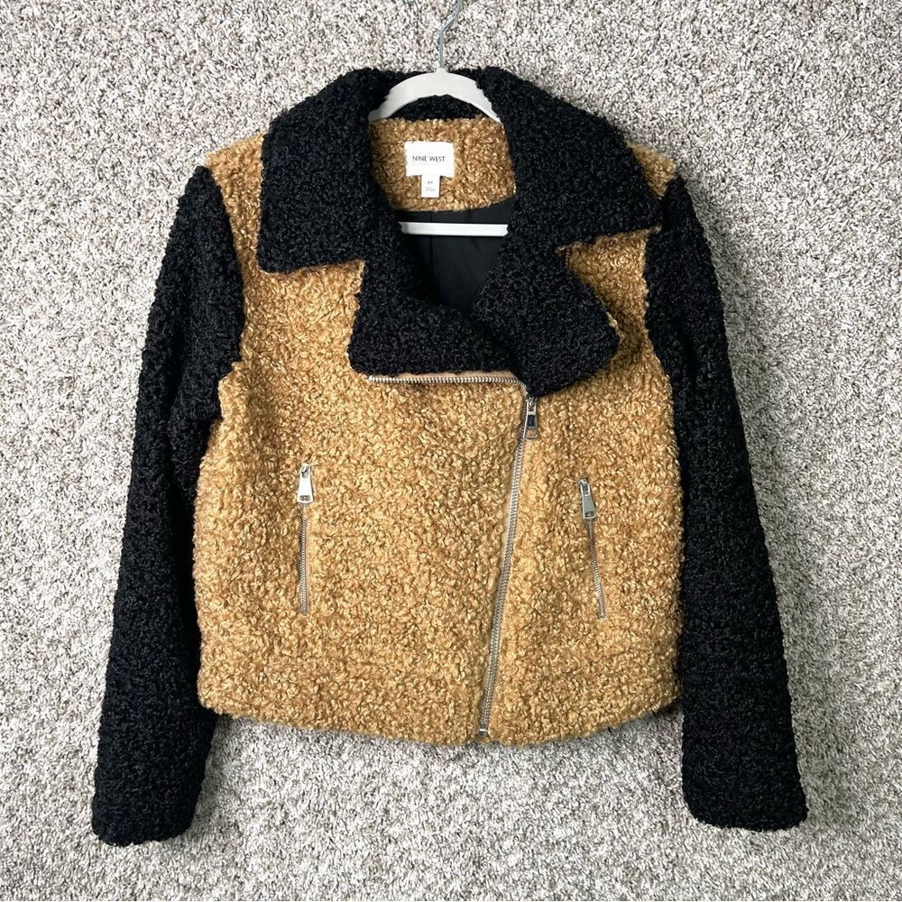 Nine West Jacket‎ Women's M Elmore Black & Tan Moto Faux Fur Sherpa Teddy